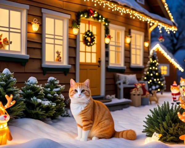 Ginger and White Cat by Festive Christmas House at Night