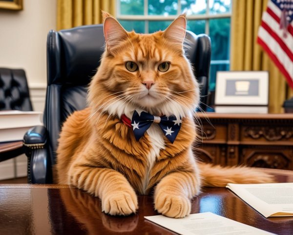 Fluffy Orange Cat with Bowtie at Wooden Desk