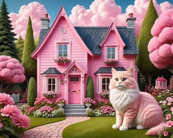 Whimsical Pink House with Fluffy Trees and Cat