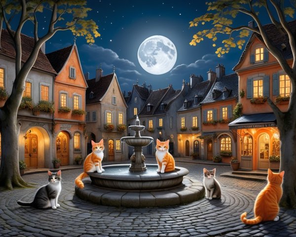 Moonlit Village with Cobblestone Streets and Cats