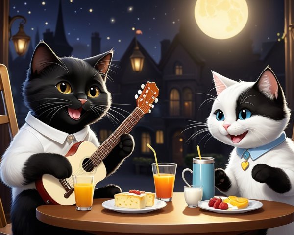 Cartoon Cats Dining Under a Starry Night Sky