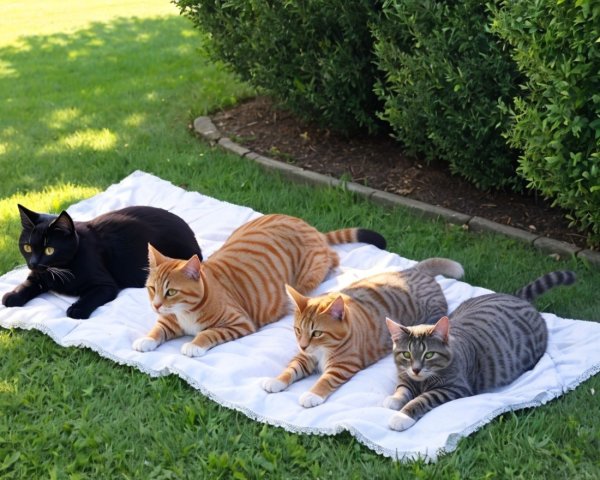 Four Cats Relaxing on a White Blanket on Grass