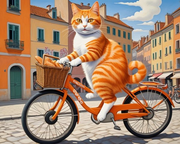Fluffy Orange Tabby Cat on Bicycle in Charming Scene