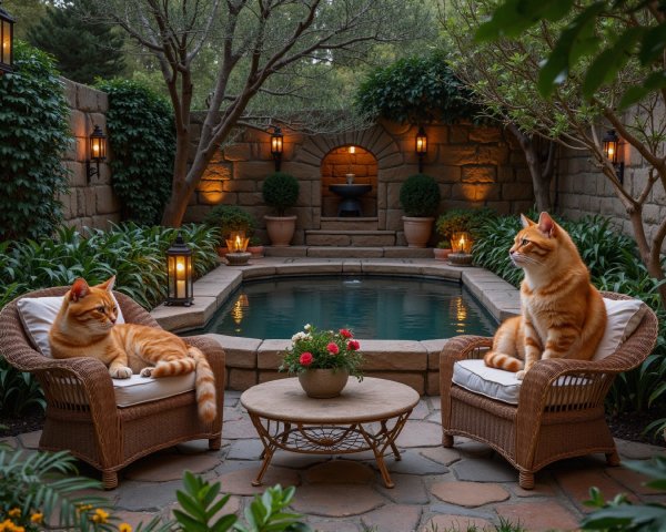 Serene Garden with Orange Tabby Cats and Pool