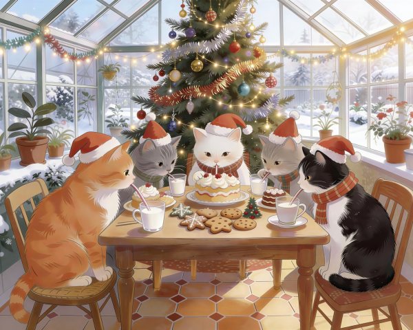 Cats in Santa Hats Celebrate Christmas in Sunroom