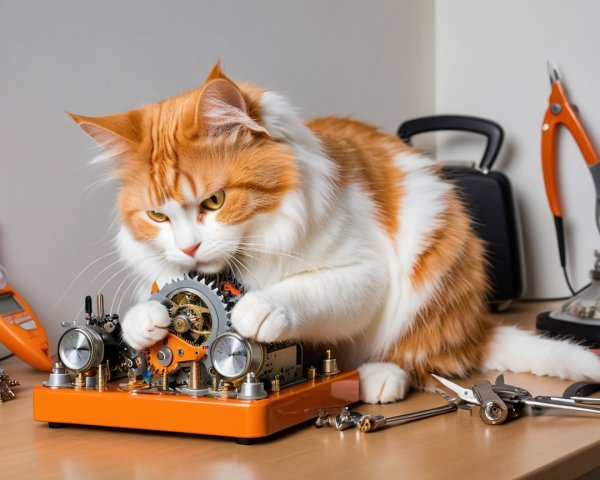 Fluffy Orange and White Cat Interacting with Steampunk Device