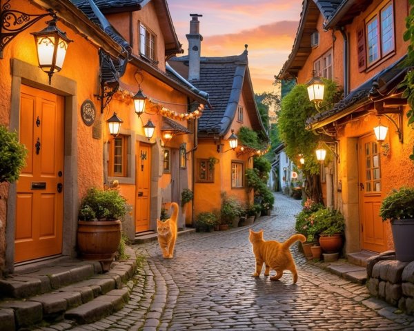 Charming Cobblestone Street with Quaint Cottages and Cats