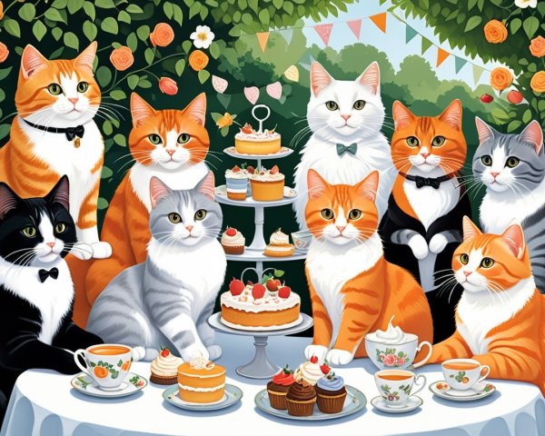 Cheerful Cats at a Garden Tea Party Setting