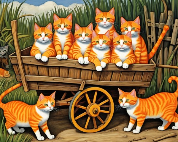 Wooden cart with nine orange tabby cats in grass