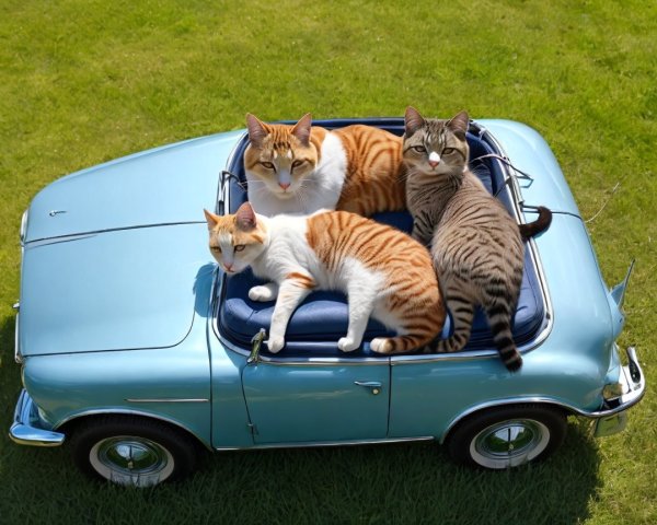 Cats Relaxing on Vintage Blue Toy Car in Grass
