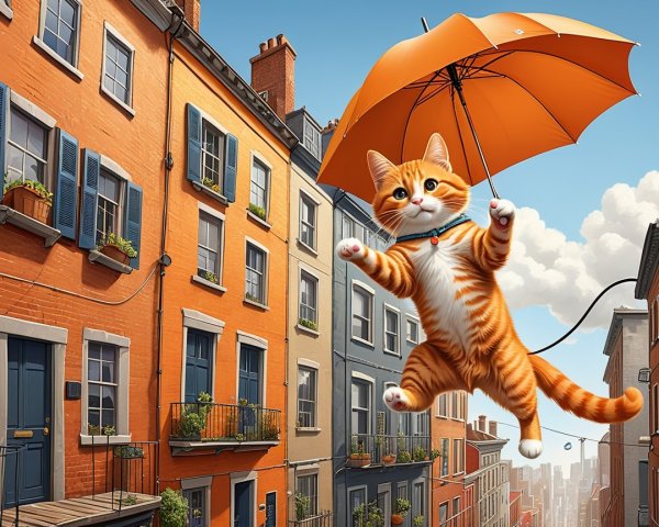 Playful Orange Tabby Cat with Umbrella in Urban Setting