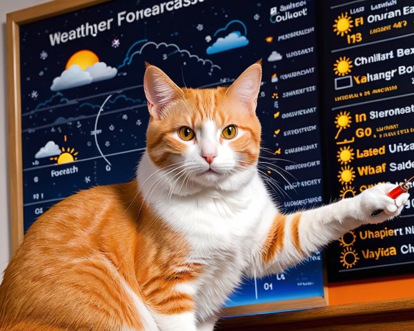 Fluffy Cat Interacting with Colorful Weather Board