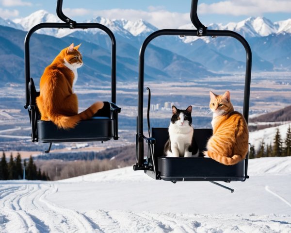 Cats on Ski Lift in Winter Landscape with Mountains