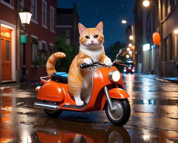 Whimsical Cat on Scooter in Rainy Street Scene