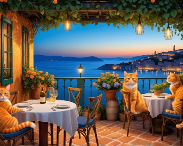 Charming Outdoor Restaurant Scene with Cats at Sunset