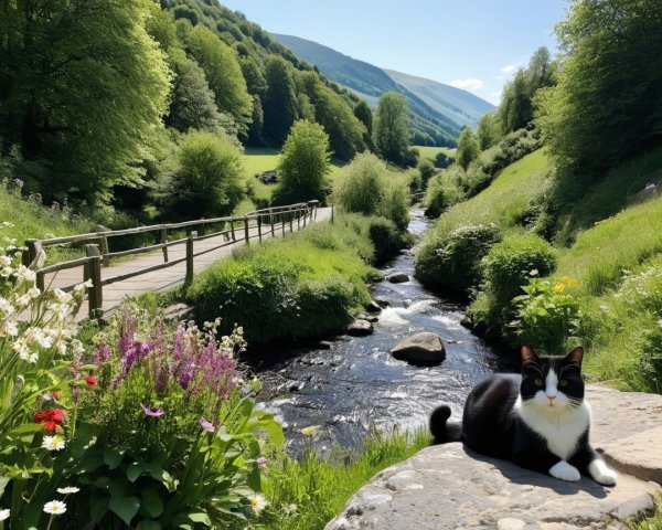 Serene Landscape with Cat, River, and Flowers