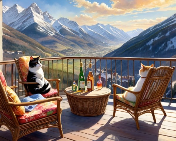 Cats on Balcony with Mountain Sunset View and Drinks