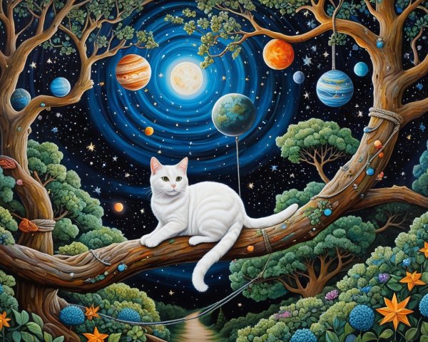 Whimsical Cat on Tree Branch Under Starry Sky