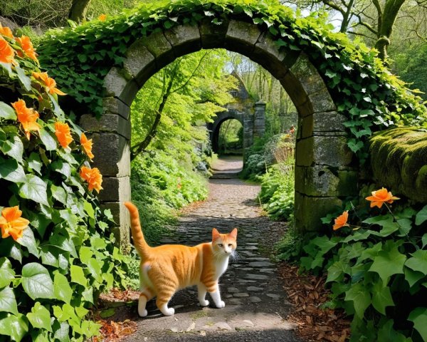 Charming Garden Pathway Under Stone Archway with Cat