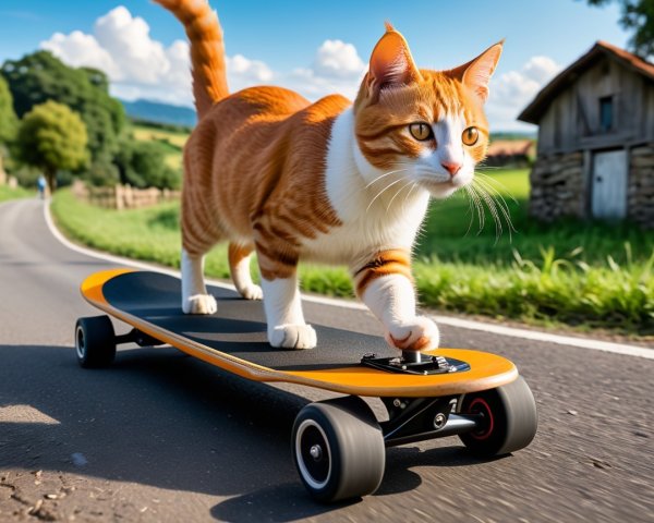 Playful Orange Tabby Cat Skateboarding in Nature