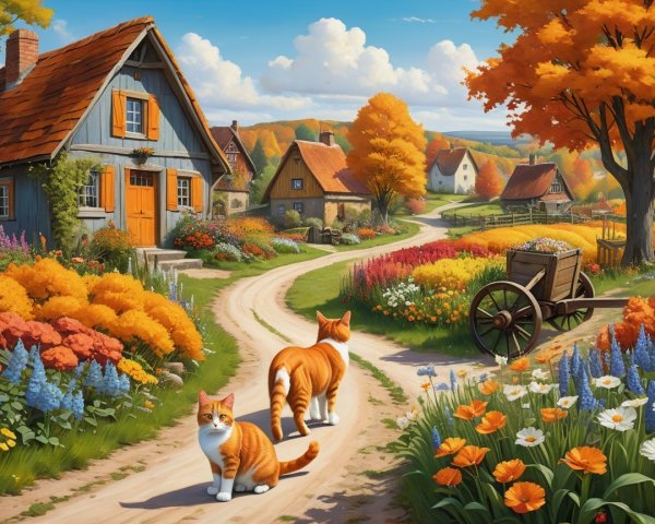 Autumn Scene with Orange Tabby Cats and Village Path