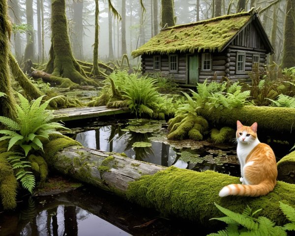 Serene forest scene with a moss-covered cabin and cat