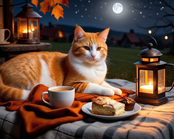 Cozy Night Scene with Cat, Candles, and Autumn Decor