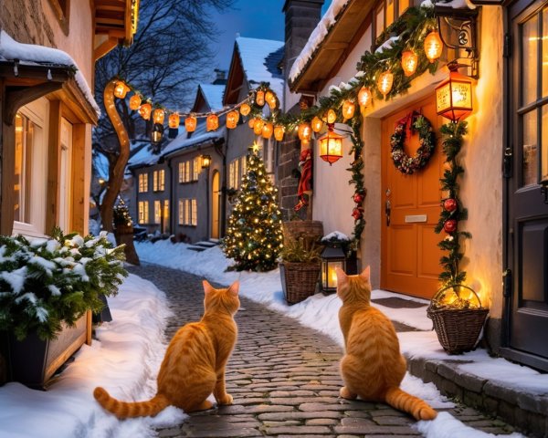 Orange Tabby Cats on Snowy Cobblestone Path