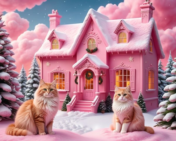Fluffy Ginger Cats in Snowy Scene with Pink House