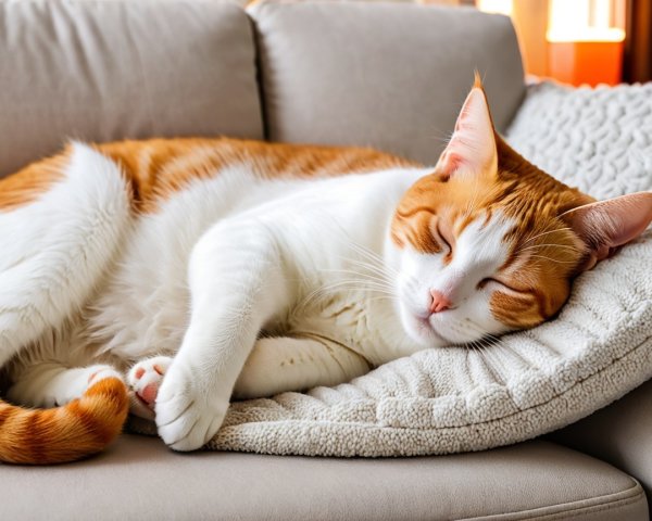 Fluffy Orange and White Cat Sleeping on Sofa