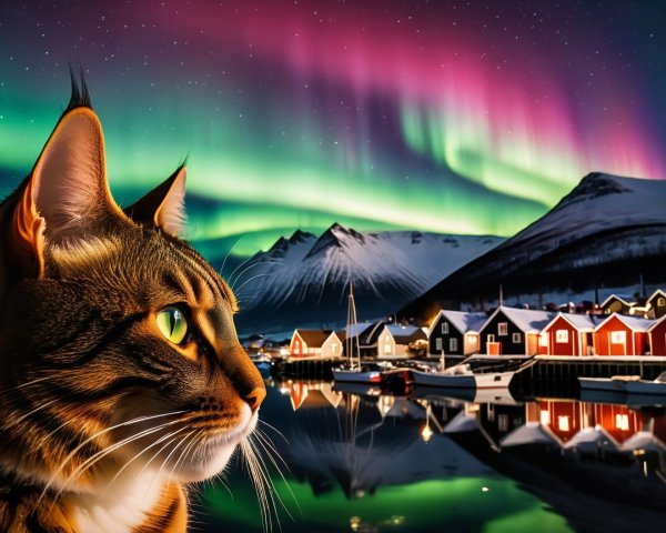 Majestic Cat Overlooks Tranquil Harbor with Auroras
