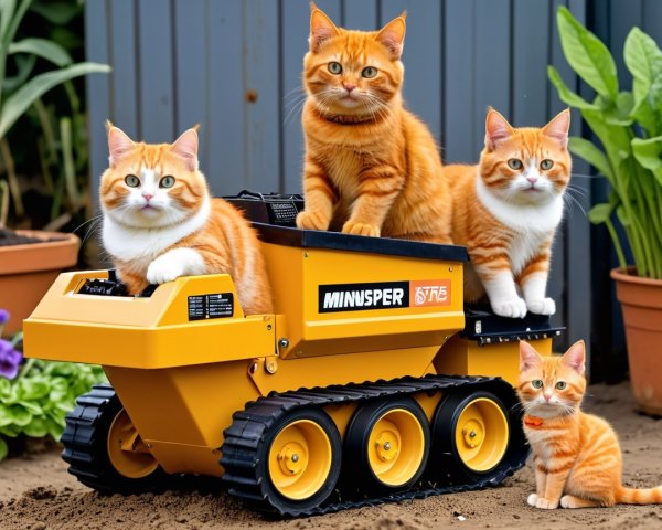 Orange Tabby Cats Play Around Mini Yellow Dump Truck