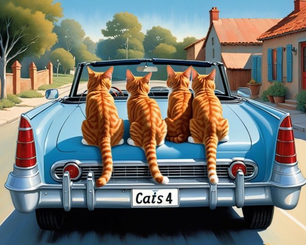 Three Orange Tabby Cats on Classic Blue Convertible