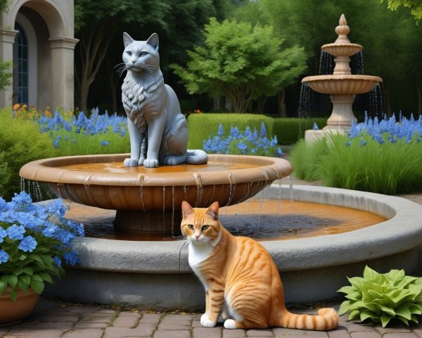 Serene garden with fountain and cat statue