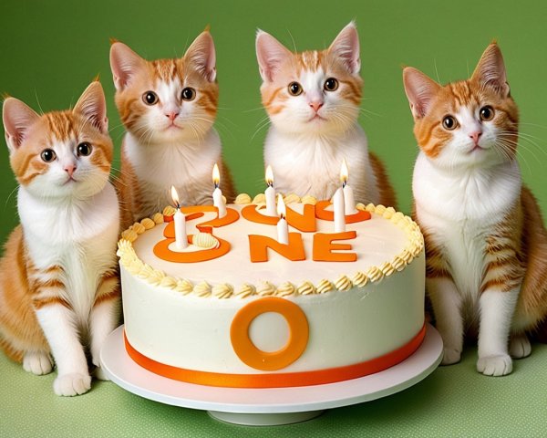 Kittens and Birthday Cake with Festive Decorations