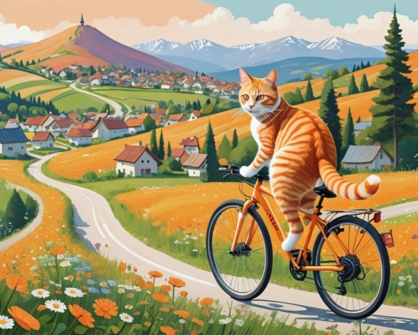 Orange Tabby Cat Riding Bicycle in Vibrant Countryside