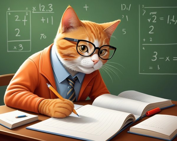 Orange and White Cat Writing at Wooden Desk