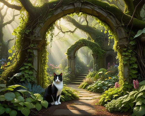 Serene Cat in a Mystical Forest with Vibrant Flora