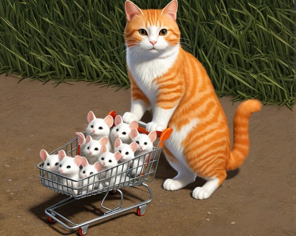 Orange Tabby Cat with Kittens in Mini Shopping Cart