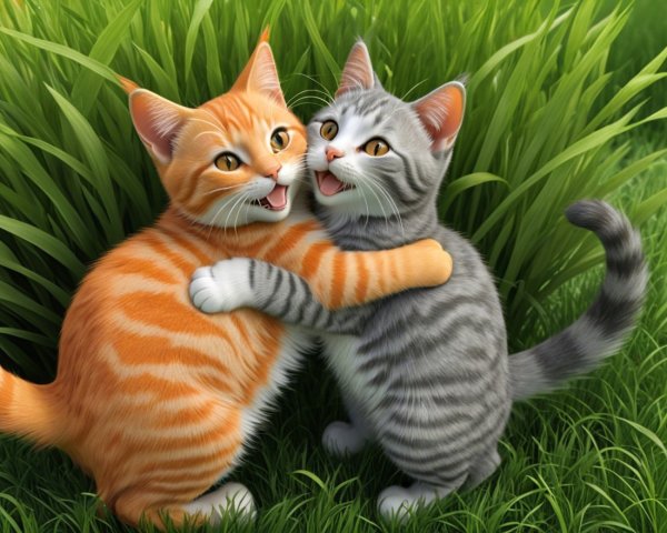 Kittens Hugging in a Lush Green Grass Field