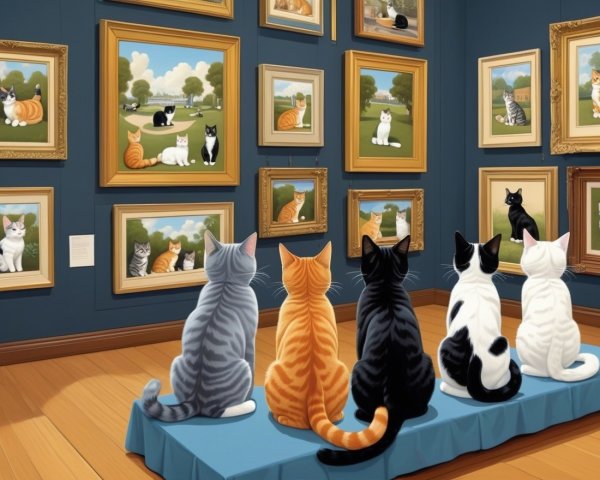 Cats on a Blue Bench in an Art Gallery Setting
