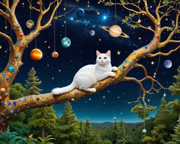 White Cat on Gemstone Branch Under Cosmic Sky