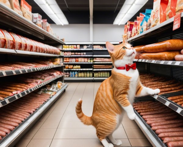 Orange Tabby Cat in Supermarket Aisle with Sausages