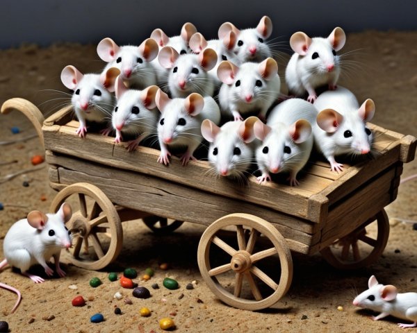 Wooden Cart with White Mice and Colorful Candies
