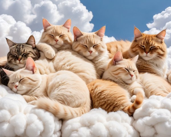 Cats Sleeping on a Fluffy Cloud in a Blue Sky