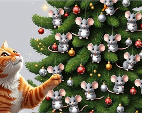 Realistic Christmas Scene with Cat and Mouse Ornament