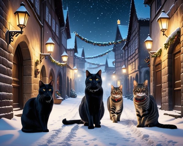 Cats in a snowy village street at dawn with lanterns