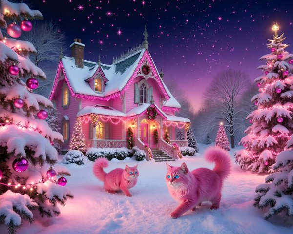 Winter Fantasy Scene with Pink Christmas Decor