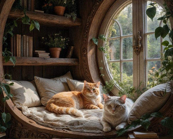 Cats Relaxing in a Cozy Nook with Sunlight and Books