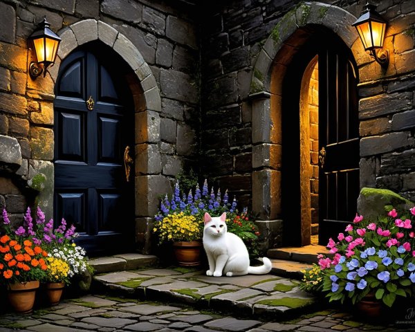 Serene stone pathway with grand blue and black doors